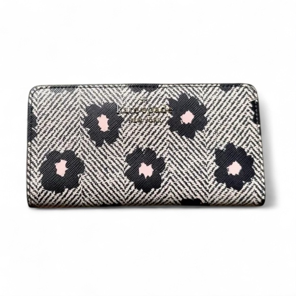 Kate spade ♠️ Large Bifold Wallet Grey Black Floral - Picture 1 of 12